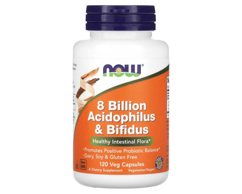Пробіотик, Acidophilus & Bifidus, NOW Foods, 8 млрд КУО, 120 вегетаріанських капсул