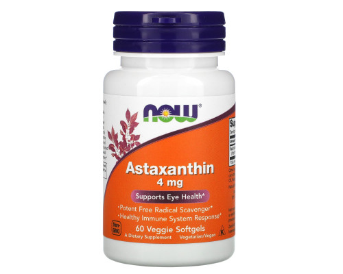Астаксантин, Astaxanthin, NOW Foods, 4 мг, 60 вегетаріанських гелевих капсул
