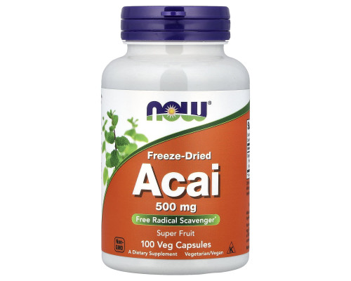 Асаї, Acai, Now Foods, ліофілізовані ягоди, 500 мг, 100 вегетаріанських капсул