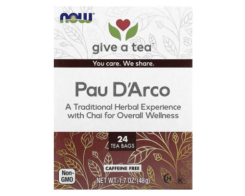 По д'арко, Pau D'Arco, Now Foods, Real Tea, без кофеїну, 24 чайних пакетика, 48 г