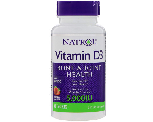 Вітамін D3, Vitamin D3, Natrol, смак полуниці, 5000 МО, 90 таблеток