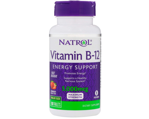 Вітамін В12, смак полуниці, Vitamin B-12, Natrol, 5000 мкг, 100 таблеток