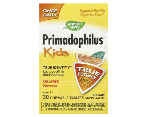 Пробіотики для дітей, Primadophilus, Nature's Way, для дітей від 2 років, зі смаком апельсина, 3 млрд КУО, 30 жувальних таблеток