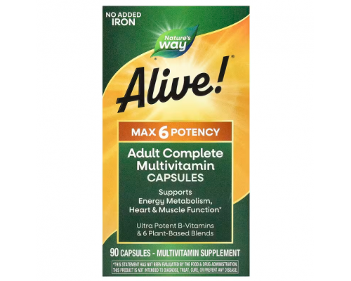 Мультивітаміни, Alive!, Adult Complete Multivitamin, Nature's Way, без додавання заліза, 90 капсул