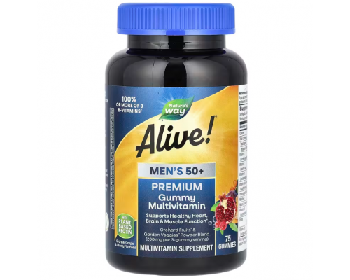Мультивітаміни для чоловіків 50+, Alive! Men's Multi-Vitamin Multi-Mineral, Nature's Way, апельсин, виноград і вишня, 75 жувальних цукерок