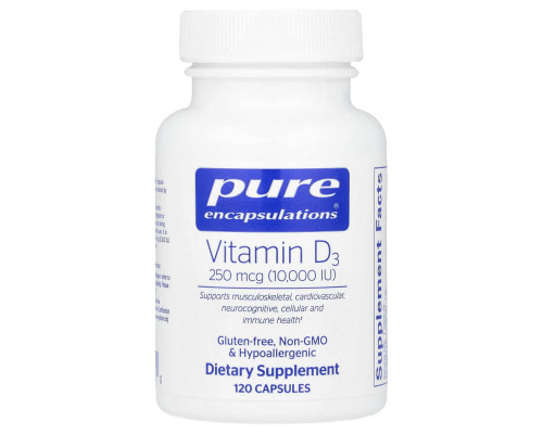 Вітамін D3, Vitamin D3, Pure Encapsulations, для підтримки здоров'я кісток, суглобів, грудей, простати, серця, товстої кишки та імунітету, 250 мкг (10 000 МО), 120 капсул
