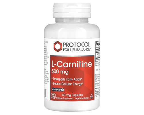 L-карнітин, L-Carnitine, Protocol for Life Balance, 500 мг, 60 вегетаріанських капсул
