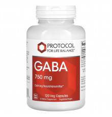 Гамма-аміномасляна кислота, ГАМК, GABA, Protocol for Life Balance, 750 мг, 120 веганських капсул