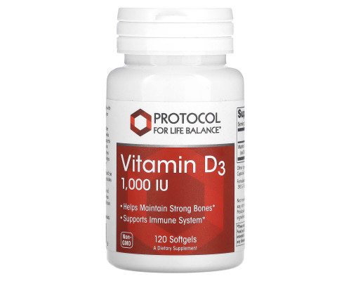 Вітамін D3, Vitamin D3, Protocol for Life Balance, 1000 МО, 120 гелевих капсул