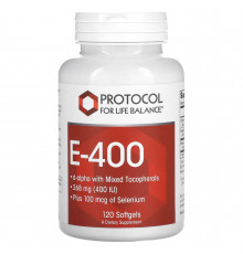 Вітамін Е, E-400, Protocol for Life Balance, змішані токофероли та селен, 268 мг (400 МО), 120 гелевих капсул