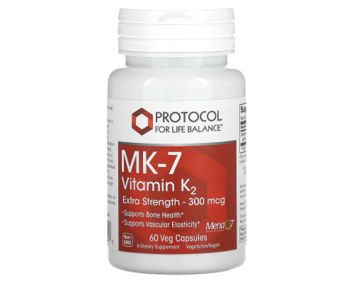 Вітамін К-2 (MK-7), MK-7 Vitamin K2, Protocol for Life Balance, додаткова сила, 300 мкг, 60 веганських капсул