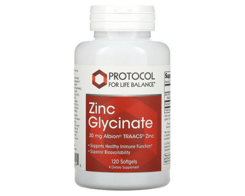 Гліцинат цинку, Zinc Glycinate, Protocol for Life Balance, 30 мг, 120 гелевих капсул
