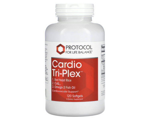 Червоний дріжджовий рис з Омега-3 та коензимом Q10, Cardio Tri-Plex, Protocol for Life Balance, потрійний комплекс, 120 гелевих капсул