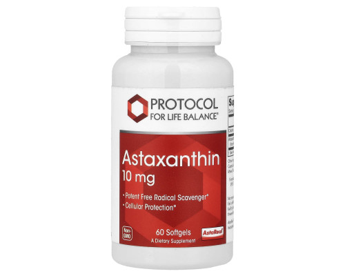 Астаксантин, Astaxanthin, Protocol for Life Balance, 10 мг, 60 гелевих капсул