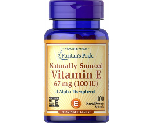 Вітамін Е, Natural Vitamin E, Puritan's Pride, 67 мг (100 МО), 100% натурального походження, 100 гелевих капсул