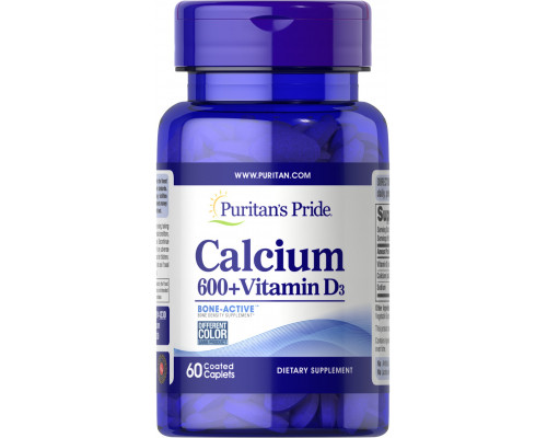 Кальцій карбонат + вітамін D, Calcium + Vitamin D, Puritan's Pride, 600 мг/125 мкг (125 МО), 60 каплет