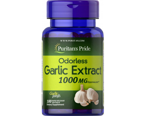Часник, Odorless Garlic, Puritan's Pride, без запаху, 1000 мг, 100 гелевих капсул швидкого вивільнення