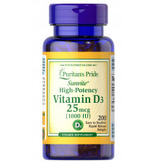 Вітамін D3, Vitamin D3, Puritan's Pride, 25 мкг (1000 МО), 200 гелевих капсул