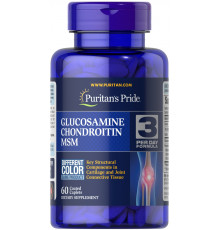 Глюкозамін хондроїтин і МСМ, Glucosamine, Chondroitin & MSM-3 Per Day Formula, Puritan's Pride, 60 каплет