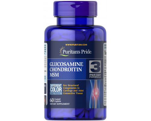 Глюкозамін хондроїтин і МСМ, Glucosamine, Chondroitin & MSM-3 Per Day Formula, Puritan's Pride, 60 каплет