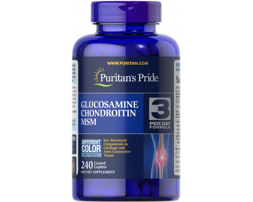 Глюкозамін хондроїтин і МСМ, Glucosamine, Chondroitin & MSM -3 Per Day Formula, Puritan's Pride, 240 каплет