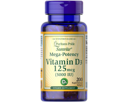 Вітамін D3, Vitamin D3, Puritan's Pride, 125 мкг (5000 МО), 200 капсул
