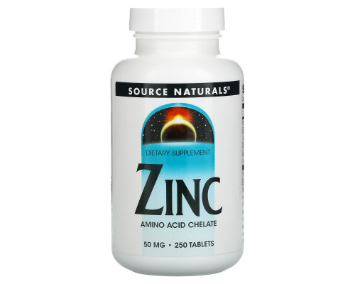Цинк хелат, Zinc, Source Naturals, 50 мг, 250 таблеток