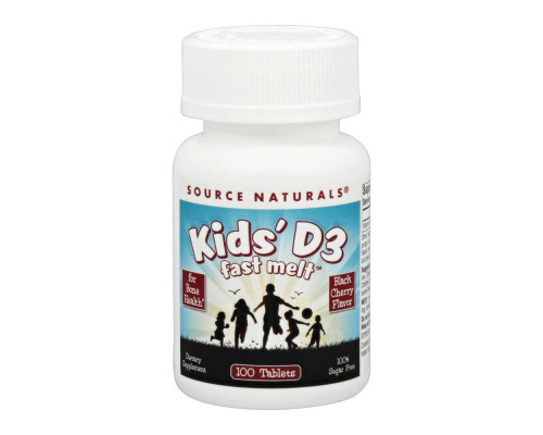 Вітамін D3 для дітей, Kids D-3 400 IU, Source Naturals, смак чорної вишні, 100 швидкорозчинних таблеток