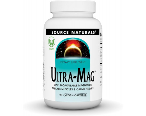 Магній ультра, Ultra-Mag, Source Naturals, 5-в-1, розслаблює м'язи та заспокоює нерви, 90 веганських капсул