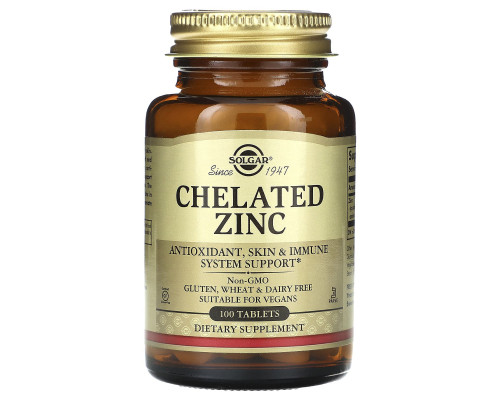 Хелат цинку, Chelated Zinc, Solgar, 100 таблеток
