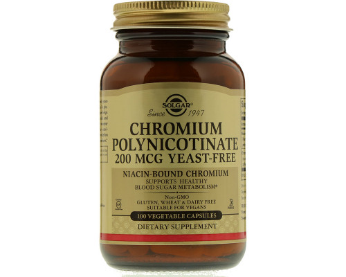 Хром полінікотинат, Chromium Polynicotinate, Solgar, без дріжджів, 200 мкг, 100 вегетаріанських капсул