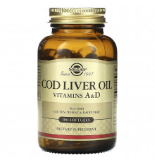 Вітамін А і  D з олії печінки тріски, Cod Liver Oil, Vitamins A & D, Solgar, 100 гелевих капсул