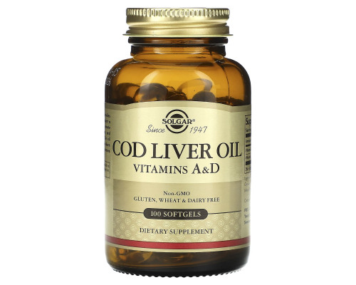 Вітамін А і  D з олії печінки тріски, Cod Liver Oil, Vitamins A & D, Solgar, 100 гелевих капсул
