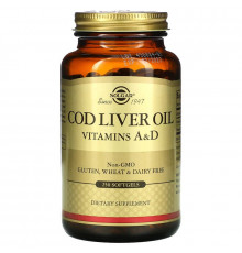 Вітамін А і D з олії печінки тріски, Cod Liver Oil, Vitamins A & D, Solgar, 250 гелевих капсул