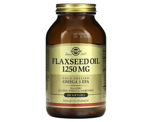 Лляна олія, Flaxseed Oil, Solgar, 1250 мкг, 100 гелевих капсул