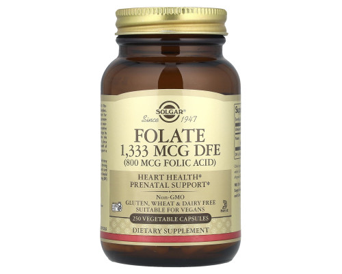 Фолат, Folate, Solgar, фолієва кислота, 1333 мкг DFE, 250 вегетаріанських капсул