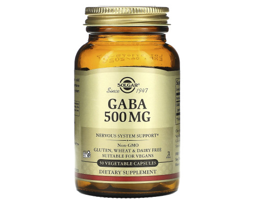 ГАМК, Гамма-аміномасляна кислота, GABA, Solgar, 500 мг, 50 рослинних  капсул