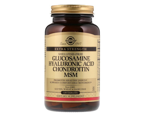 Глюкозамін, Гіалуронова, Хондроитин, МСМ, Glucosamine Hyaluronic Acid Chondroitin MSM, Solgar, 120 таблеток