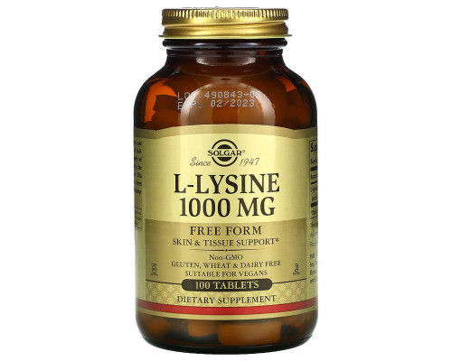 L-лізин, L-Lysine, Solgar, вільна форма, 1000 мг, 100 таблеток