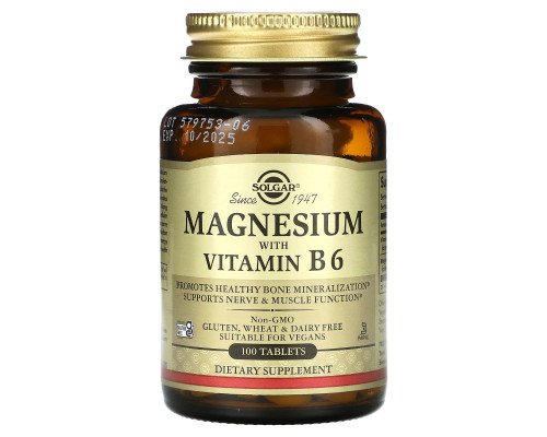 Магній з вітаміном В-6, Magnesium with Vitamin B6, Solgar, 100 таблеток
