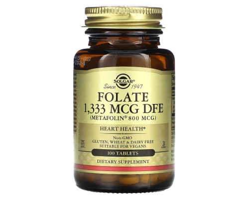 Фолієва кислота, Folate, Solgar, фолат, 1333 мкг DFE (800 мкг), 100 таблеток