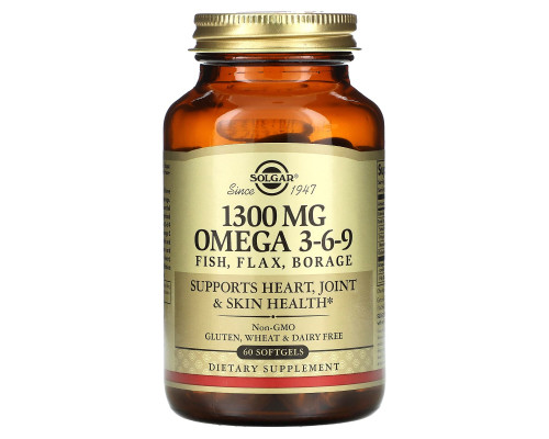Омега 3-6-9, Omega 3-6-9, Solgar, 1300 мг, 60 гелевих капсул