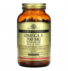 Омега-3, риб'ячий жир, Omega-3, EPA & DHA, Solgar, подвійна сила, 700 мг, 120 гелевих капсул