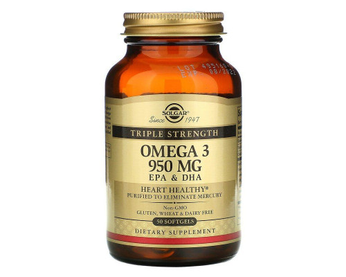 Омега-3, риб'ячий жир, Omega-3, EPA & DHA, Solgar, потрійна сила, 950 мг, 50 гелевих капсул