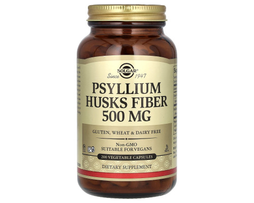Подорожник, Psyllium Husks Fiber, Solgar, клітковина лушпиння, 500 мг, 200 вегетаріанських капсул