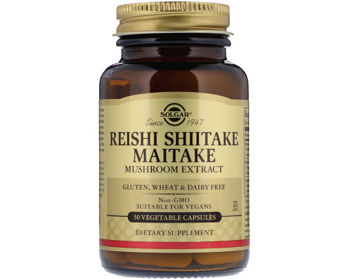 Лікувальні гриби рейші, шиїтаке і майтаке (Reishi Shiitake Maitake), Solgar, екстракт, 50 капсул