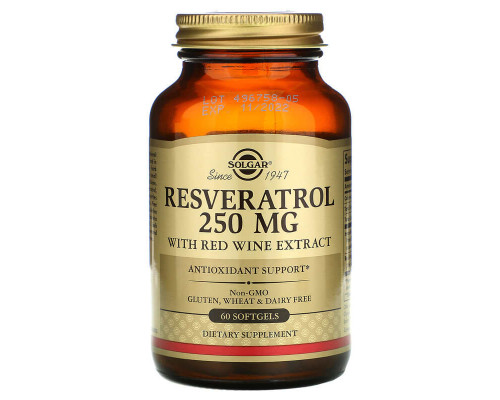 Ресвератрол (Resveratrol), Solgar, 250 мг, 60 капсул