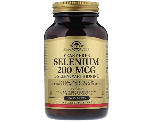 Селен, Selenium, Solgar, без дріжджів, 200 мкг, 250 таблеток