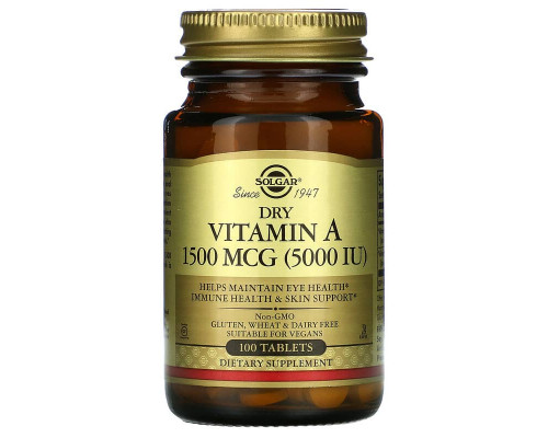 Вітамін А, Dry Vitamin A, Solgar 1500 мкг (5000 МО), 100 таблеток