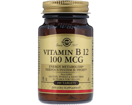 Вітамін В12 (ціанокобаламін) , Vitamin B12, Solgar, 100 мкг, 100 таблеток